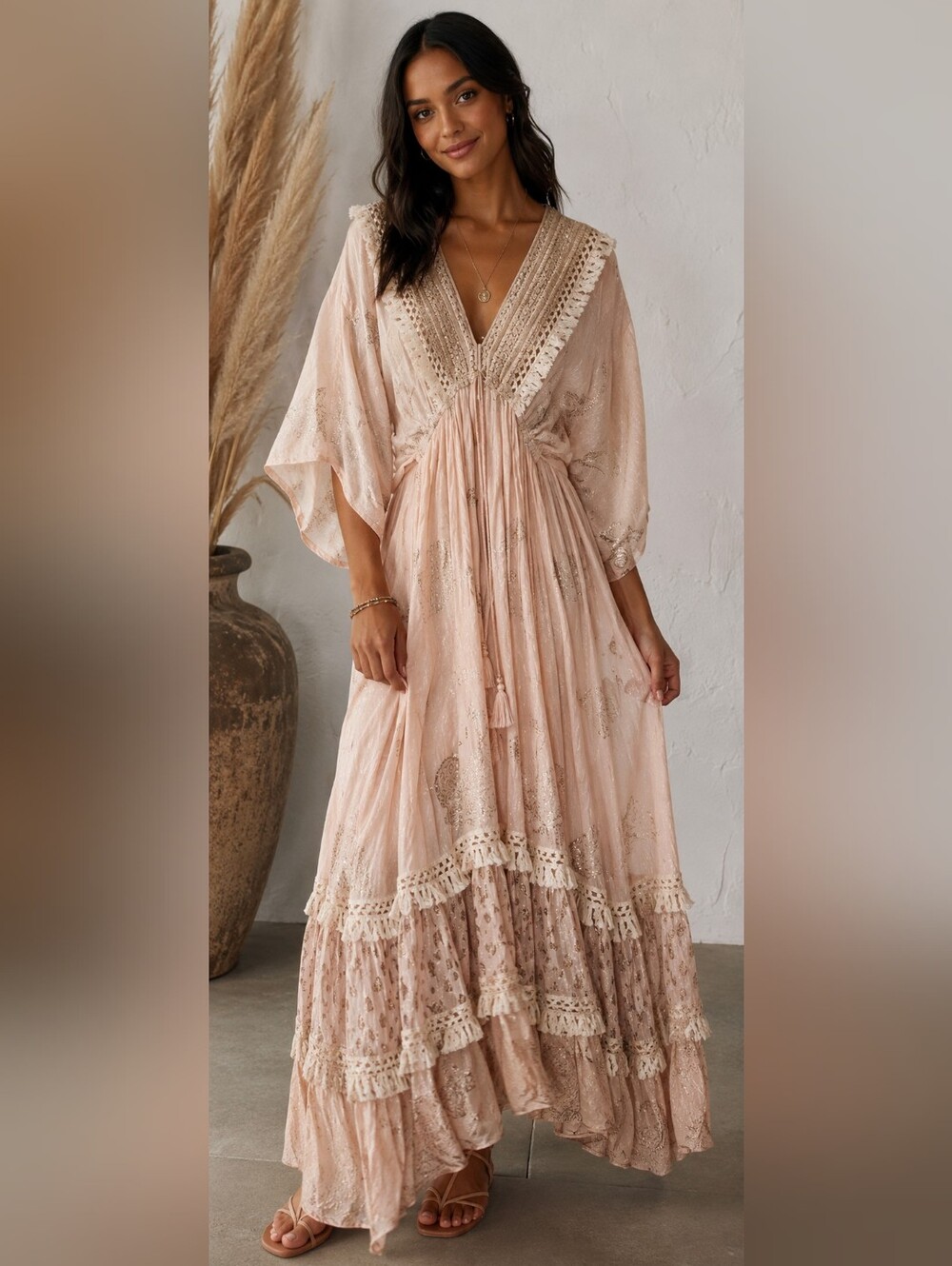 NWOT Zury Boho Paisley Maxi Dress Pink Metallic Lurex Tassel Free Size - Picture 8 of 12